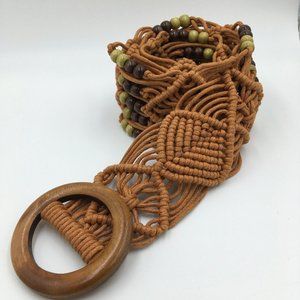 Wide Macrame Woven Belt, Brown Green Wood Buckle & Beads, BOHO 70’s Style